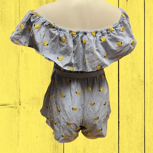 Trac Lemon Pinstripe Romper Large Summer Flare Embroidered Shorts Mini Ruffles - Picture 4 of 4